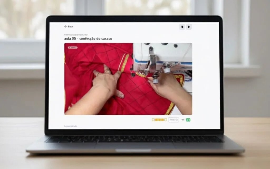 Notebook aberto mostrando aula de alfaiataria infantil do Conjunto Príncipe Luxo sendo assistida