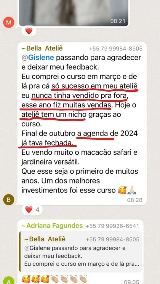 Print real de aluna Costuragi contando que encheu a agenda do ateliê costurando roupa de menino
