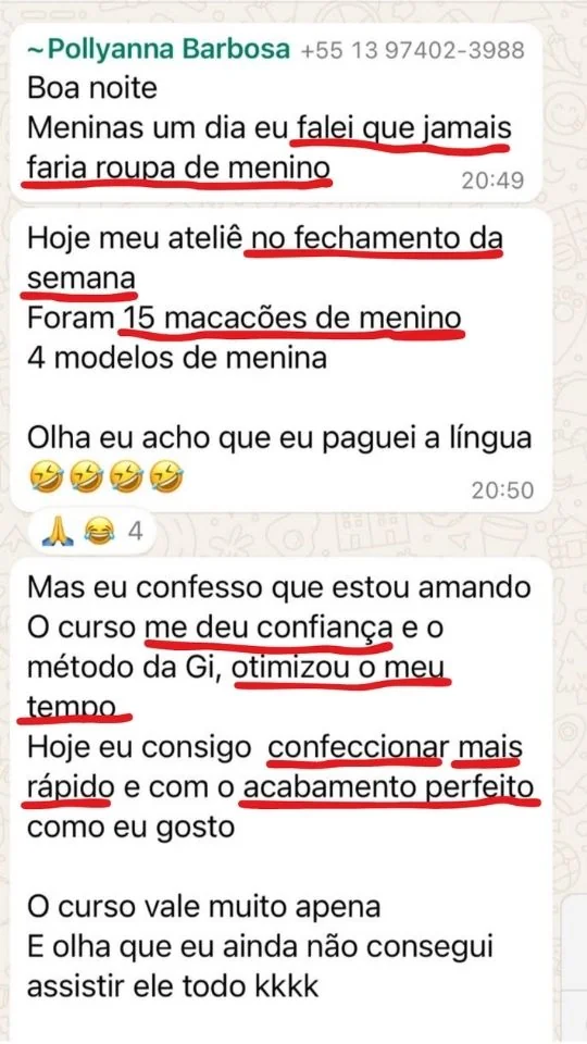 Print real de aluna Costuragi contando que encheu a agenda do ateliê costurando roupa de menino