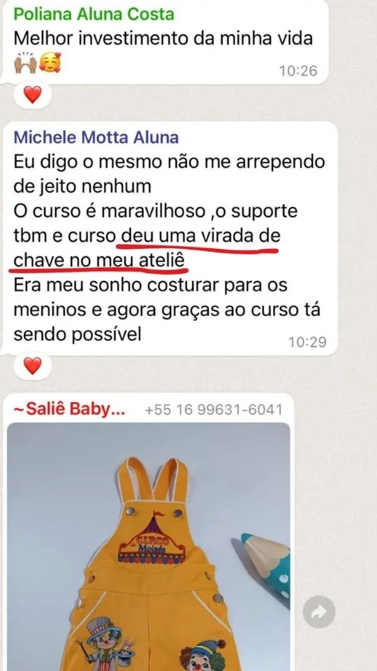 Print real de aluna Costuragi contando que encheu a agenda do ateliê costurando roupa de menino