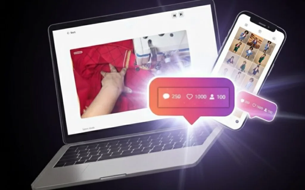 Mockup de notebook e celular mostrando feed de Instagram de ateliê com orçamento de batizado no WhatsApp