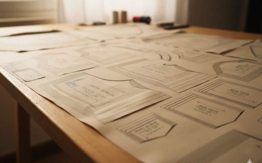 Moldes do Conjunto Príncipe Luxo impressos e distribuídos sobre mesa de madeira clara — casaco, camisa, short e suspensório