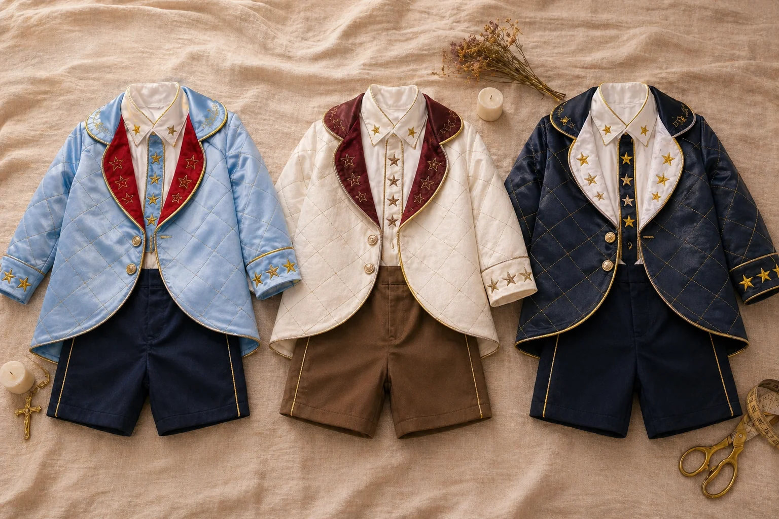 Flat-lay editorial das 3 paletas do Conjunto Príncipe Luxo lado a lado em fundo de linho bege texturizado · esquerda paleta BATIZADO em cetim azul céu com gola cardeal vermelha bordada em estrelinhas douradas e short navy · centro paleta ANIVERSÁRIO 1 ANO em casaco marfim com matelassê bronze e gola bordô + camisa marfim e short caramelo (paleta neutra cerimonial) · direita paleta ENSAIO DE CORTE em cetim navy com matelassê dourado e gola branca com estrelas + short navy + viés dourado brilhante · galhinhos de flor seca, vela e tesoura como adereços sutis · mesma base, três ocasiões, três tickets