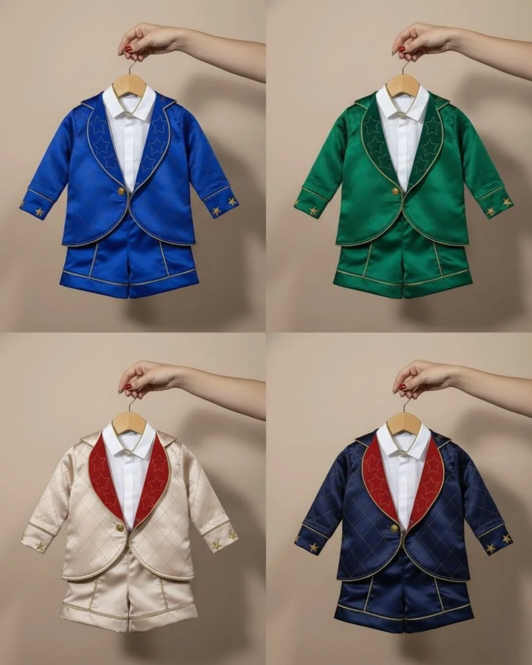 Quatro Conjuntos Príncipe Luxo em cores diferentes — marfim, bege, cinza alfaiataria e azul marinho — todos com casaco, camisa, short de alfaiataria e suspensório coordenados