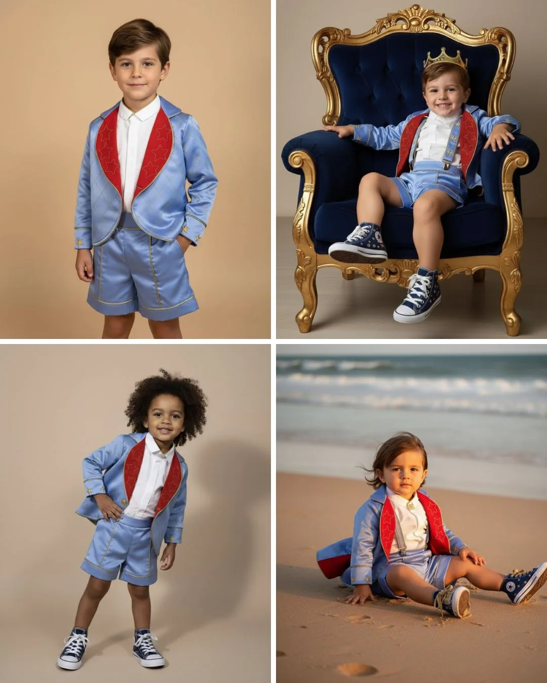 Quatro Conjuntos Príncipe Luxo em tecidos e cores diferentes — gabardine marfim para batizado, linho bege para aniversário, alfaiataria cinza para 1ª eucaristia, azul marinho para casamento familiar — todos com casaco, camisa, short e suspensório coordenados