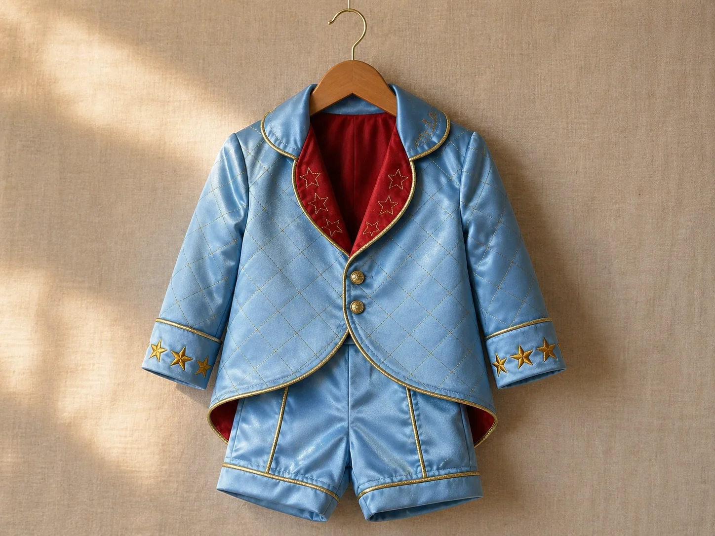 Casaco do Conjunto Príncipe Luxo solo · cetim azul céu com matelassê dourado · gola cardeal estrelada · vivo dourado feito à mão