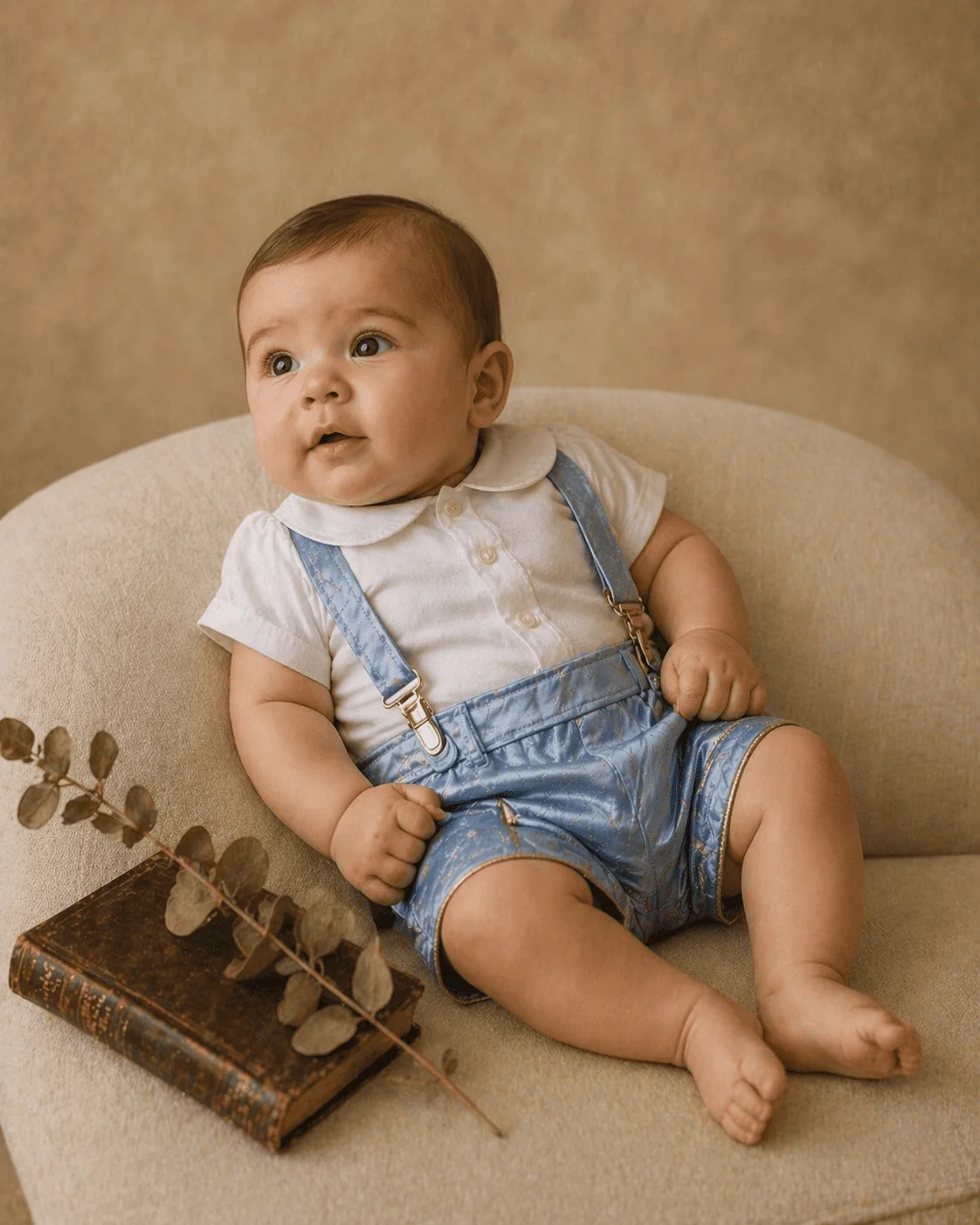 Toddler brasileiro de 12 meses em festa de 1º aniversário — bolo de 3 andares em veludo creme com rosas brancas, arco de hortênsias, banner em caligrafia cobre, vestindo o Conjunto Príncipe Luxo e com a mãozinha suspensa em direção ao bolo