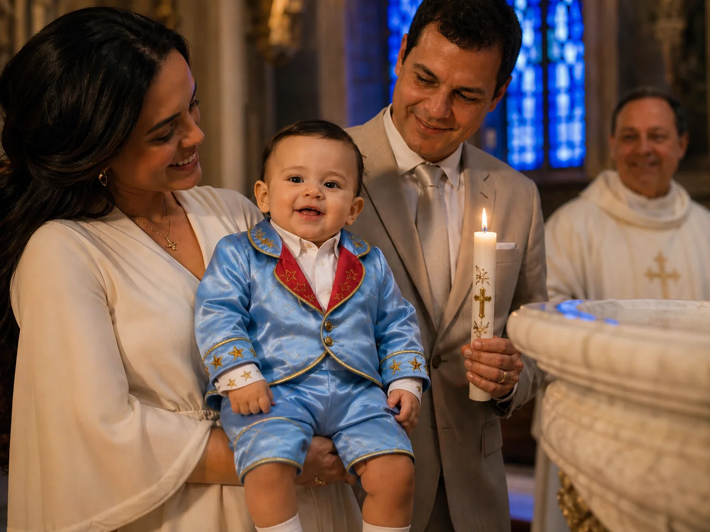 Bebê brasileiro de 10 meses vestindo o Conjunto Príncipe Luxo completo no colo da madrinha — mulher em seus 30 anos com vestido de seda marfim — dentro de igreja barroca colonial brasileira em estilo Minas Gerais, pia batismal em pedra esculpida, teto de madeira pintada com ornamentos dourados, luz de tarde atravessando vitrais, bebê olhando curioso para a câmera