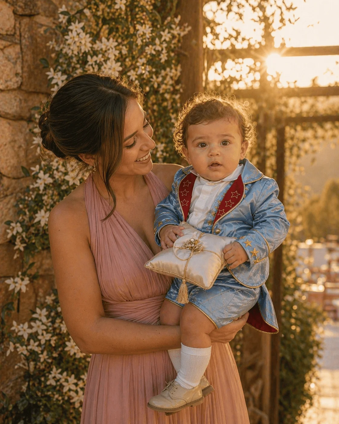 Bebê brasileiro de 14 meses no colo da madrinha em casamento familiar ao ar livre — madrinha com vestido rosa poeira, luz dourada de fim de tarde, bebê segurando almofada de aliança, vestindo Conjunto Príncipe Luxo