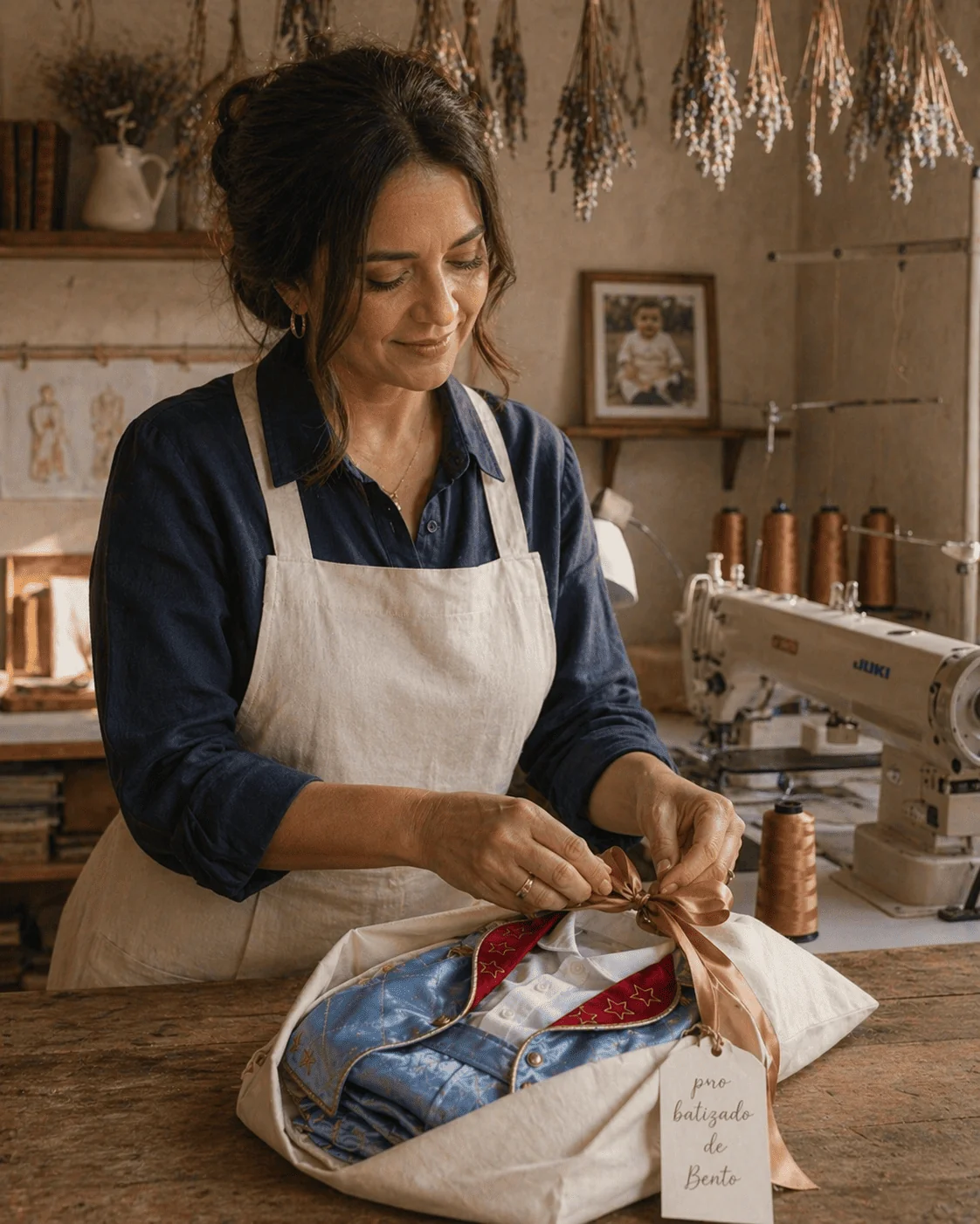 Costureira brasileira em seu ateliê caseiro costurando com cuidado o laço de fita cobre na embalagem de algodão marfim que contém o Conjunto Príncipe Luxo — etiqueta de cursiva escrita à mão pro batizado de Bento, máquina industrial ao fundo, carretéis de cobre, lavanda seca pendurada — fotografia editorial de ateliê brasileiro heirloom