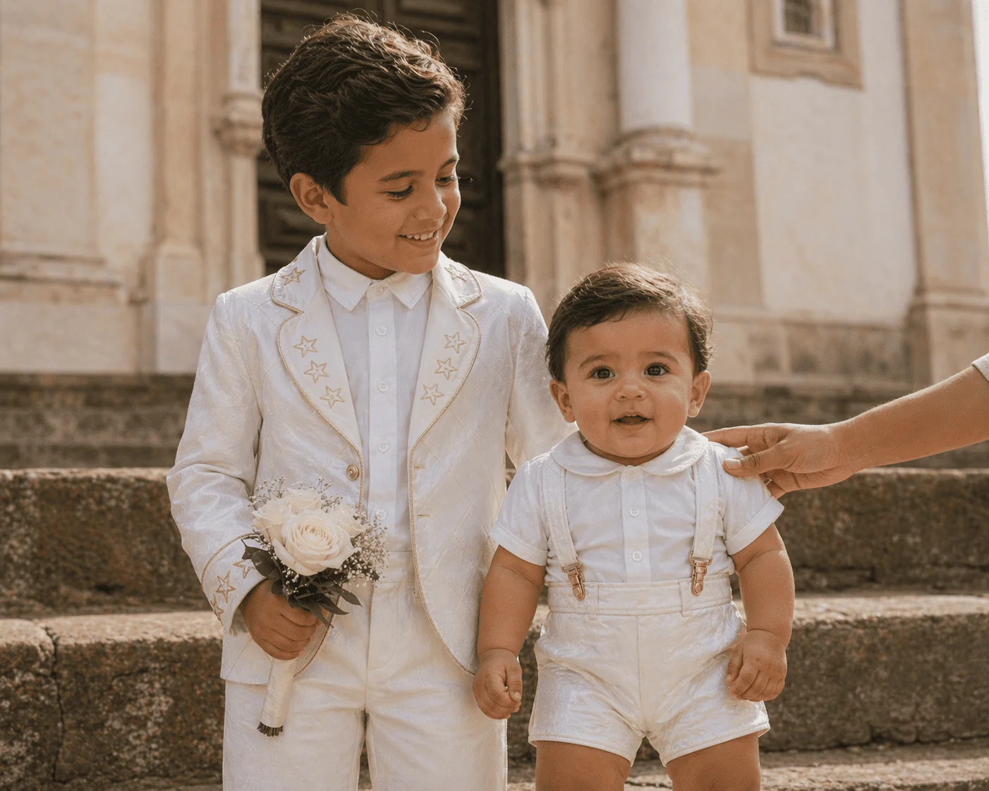 Dois irmãos brasileiros nas escadarias de igreja católica após 1ª eucaristia — irmão maior de 9 anos vestindo Conjunto Príncipe Luxo em linho marfim (variante sóbria com Camisa Social manga longa), irmão bebê de 18 meses no colo da mãe vestindo body camisa + short satin marfim combinando — mão da mãe no ombro do bebê, sol de manhã sobre fachada de pedra