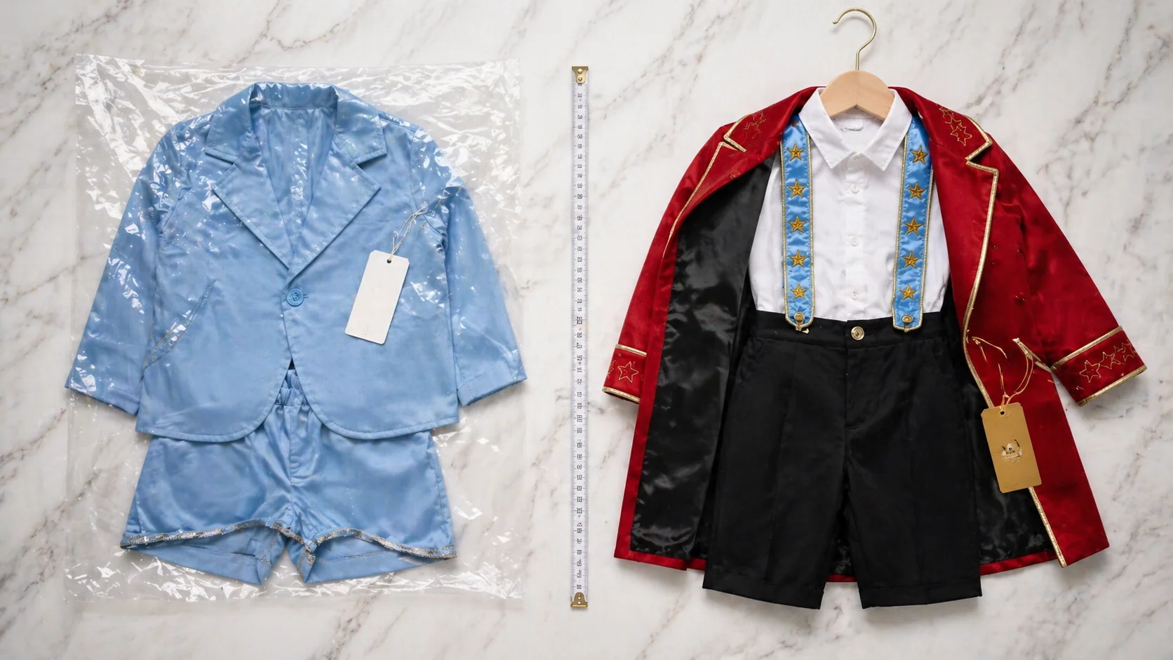 Comparativo lado a lado em superfície de mármore claro · à esquerda: macacão fast-fashion infantil em cetim azul claro embalado em saco plástico com etiqueta de preço pendurada (referência Shein/Shopee · acabamento industrial) · à direita: Conjunto Príncipe Luxo pendurado em cabide de madeira escura · casaco vermelho cardeal com forro azul céu, suspensório azul com galões dourados e estrelinhas, camisa branca, short preto · etiqueta craft Costuragi presa por fita caramelo · contraste produto industrial vs ateliê artesanal
