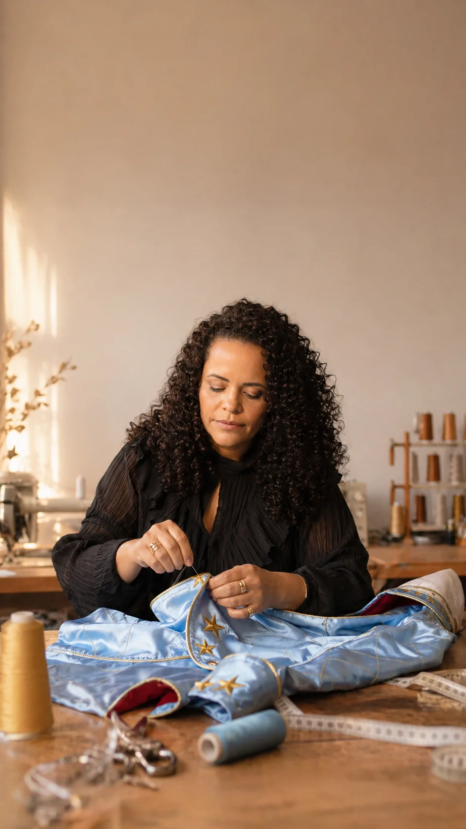 A Gi (modelista e fundadora do Costuragi) costurando à mão no ateliê dela · 25 anos de bancada · acabamento à mão na peça-assinatura