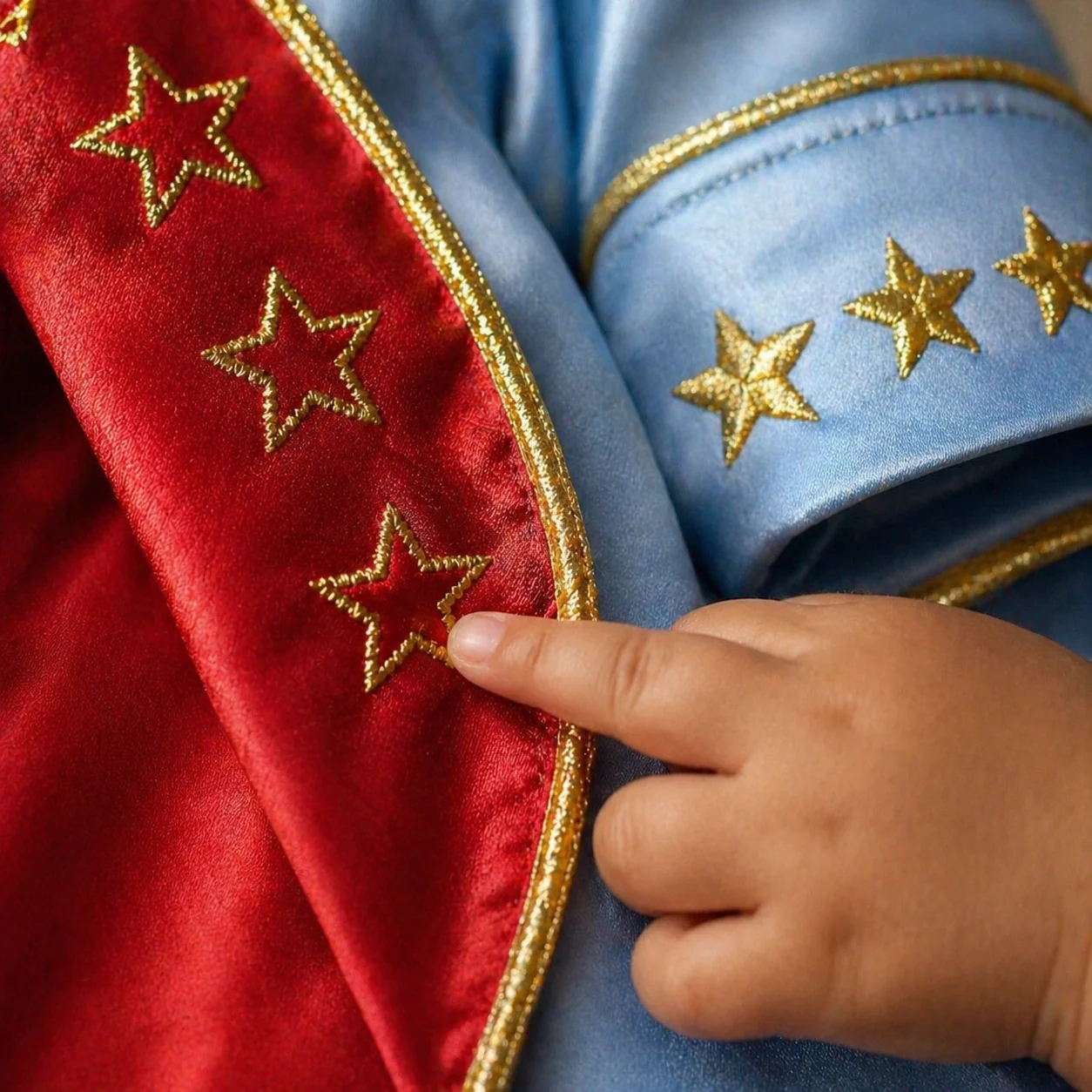 Suspensório do Conjunto Príncipe Luxo · vivo dourado curvo + estrelinhas douradas aplicadas · entretela firme · peça-assinatura que o fotógrafo enquadra na festa de 1 ano