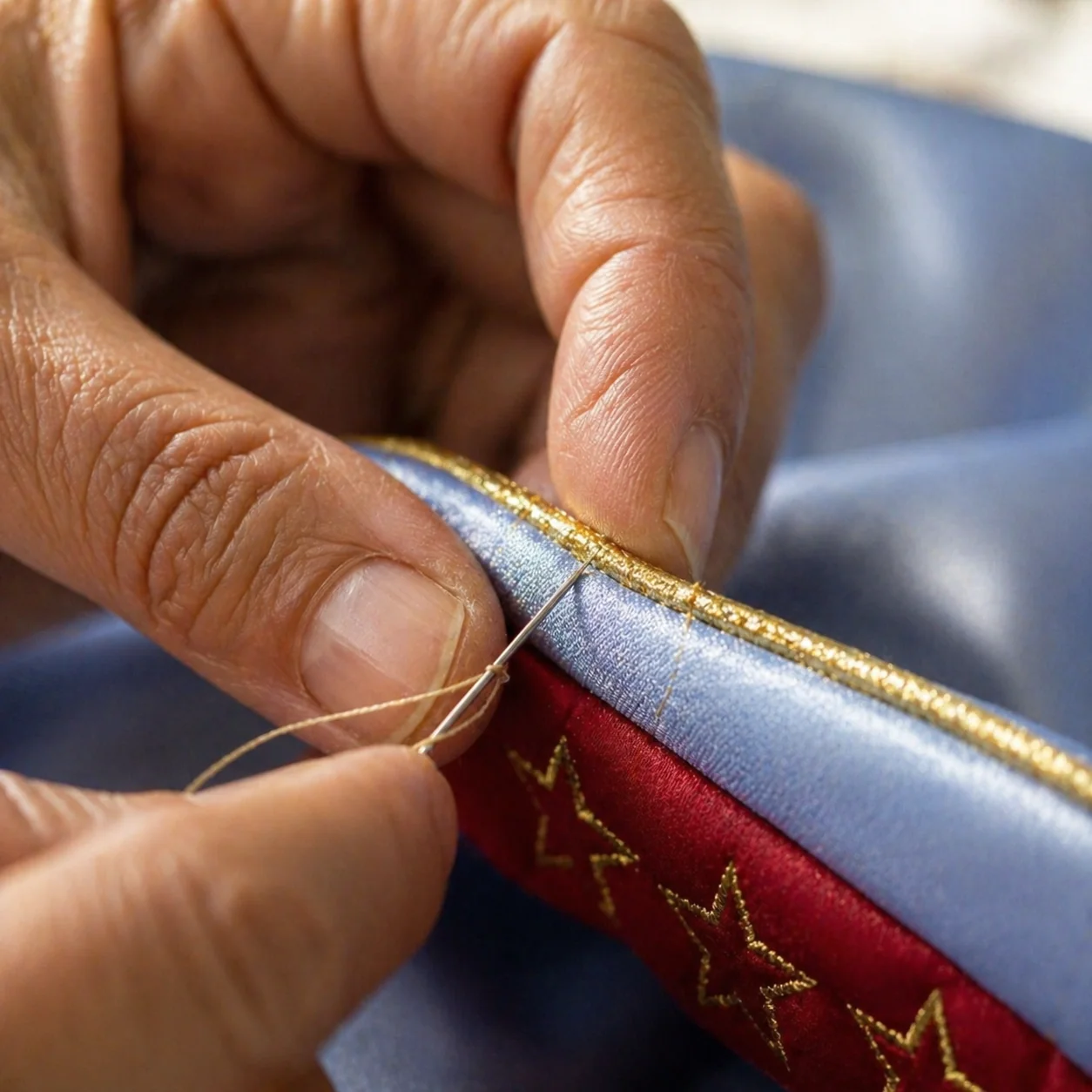 Macro extremo das mãos da Gi costurando à mão o galão dourado fino na borda exata onde o cetim azul céu encontra o forro vermelho cardeal com estrelinhas douradas bordadas — agulha número 11 com linha bege tom-sobre-tom dando pontos pequenos, vivo dourado de 3-4 mm contornando a borda como cordão metálico fino