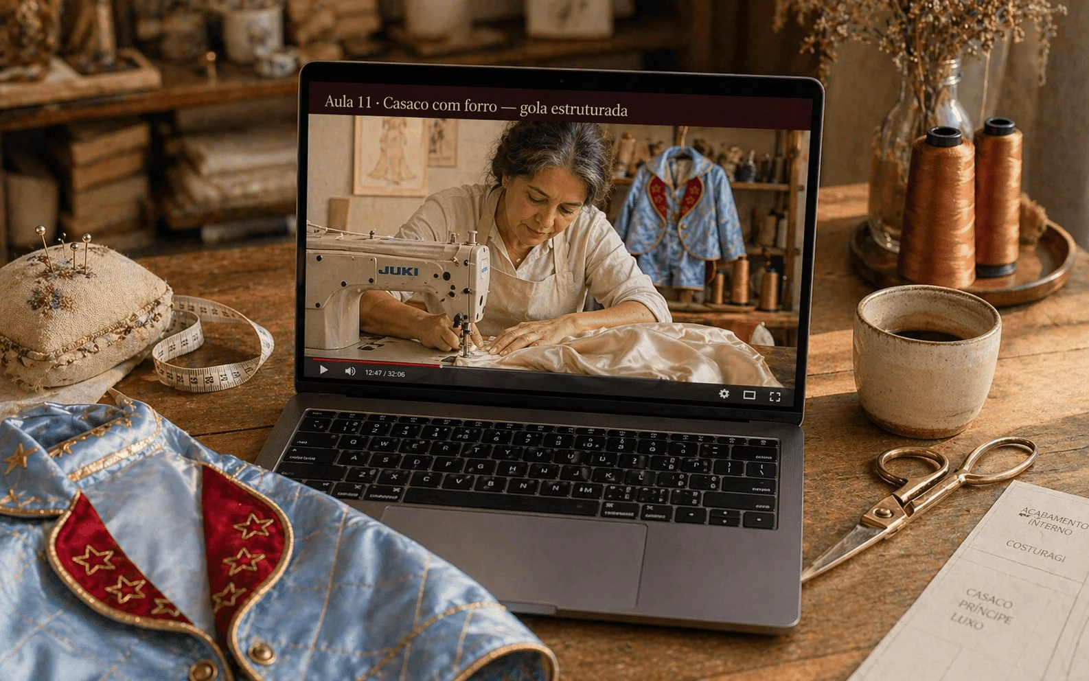MacBook aberto em bancada de ateliê brasileiro mostrando Aula 03 do Conjunto Príncipe Luxo — Confecção do Casaco Parte 2 com a Gi costurando o forro embutido da peça ao fundo — casaco dobrado parcialmente visível, fita métrica enrolada, tesoura de bronze, xícara de café em caneca de cerâmica