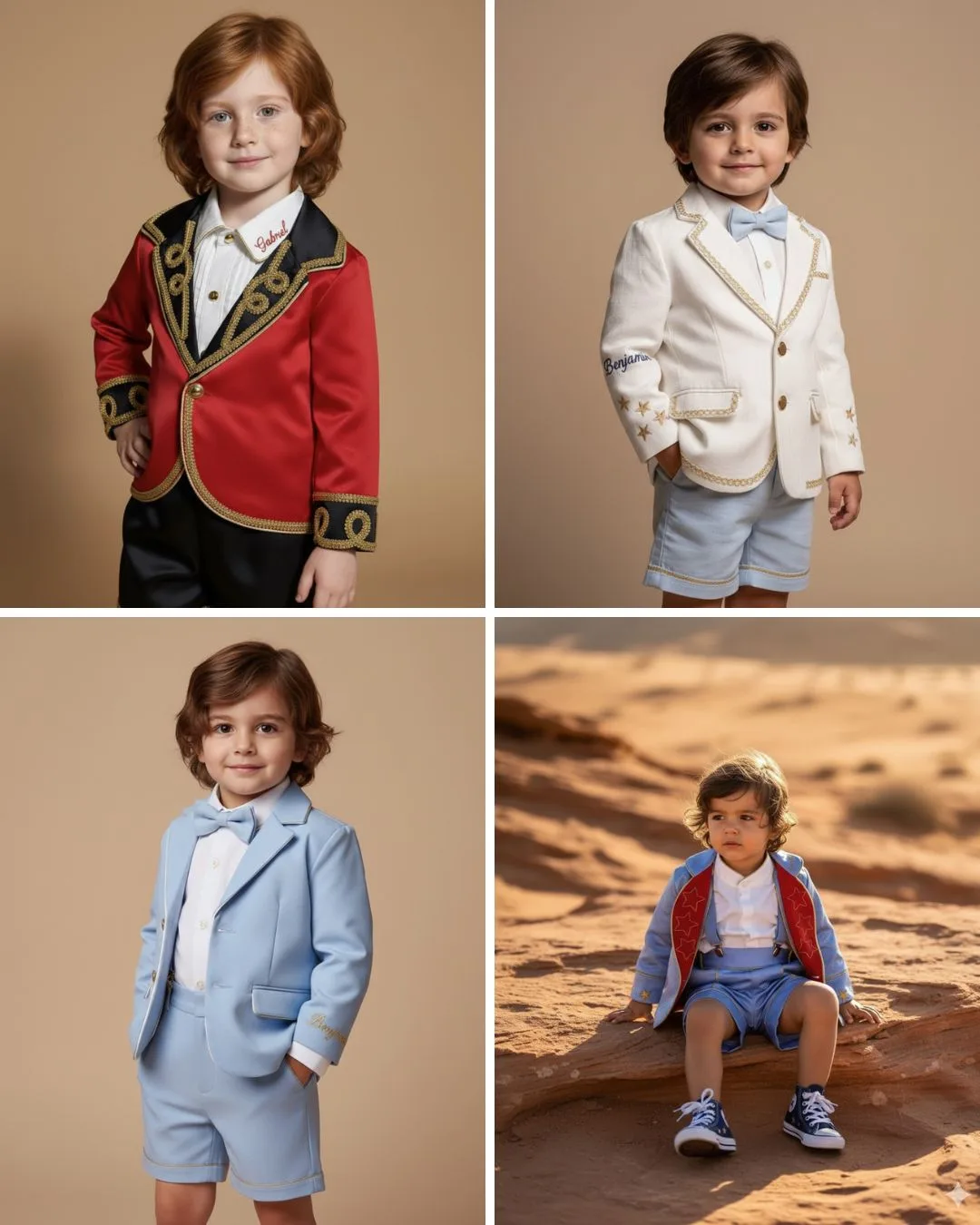 Crianças vestindo o Conjunto Príncipe Luxo em situações de ocasião especial: batizado com padrinhos, aniversário de 1 ano com bolo, ensaio fotográfico newborn e casamento familiar