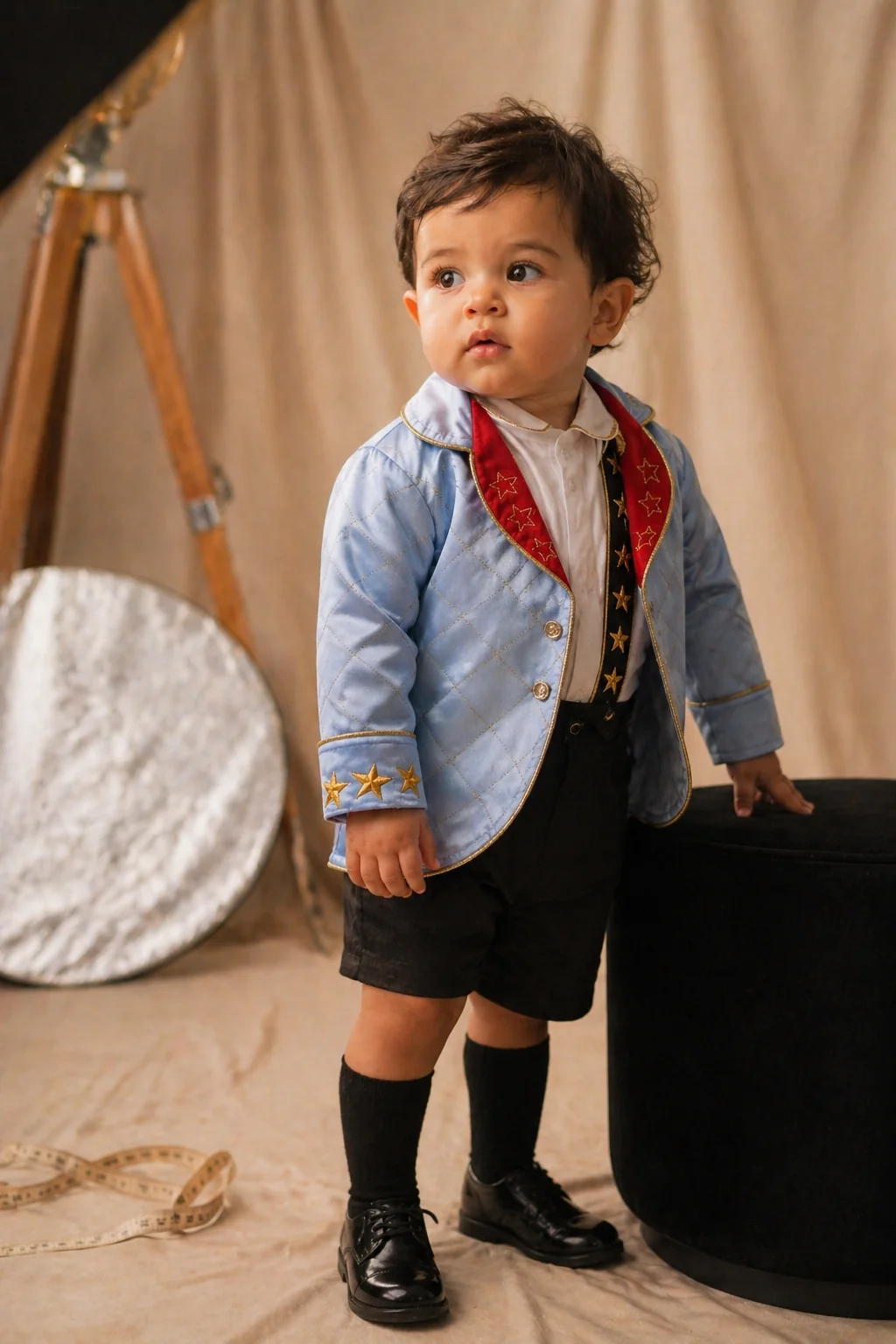 Conjunto Príncipe Luxo pendurado em cabide sobre parede texturizada clara — casaco em CETIM AZUL CÉU brilhante com matelassê dourado em padrão diamante e cauda de fraque, gola ampla em CETIM VERMELHO CARDEAL com 12-15 estrelinhas douradas bordadas, punhos com 3 estrelinhas douradas cada, forro vermelho visível na abertura, camisa branca com galões verticais azul céu+dourado e estrelinhas bordadas, short azul céu coordenado com vivo dourado contornando recortes laterais · estilo pajem cerimonial / Versalhes infantil