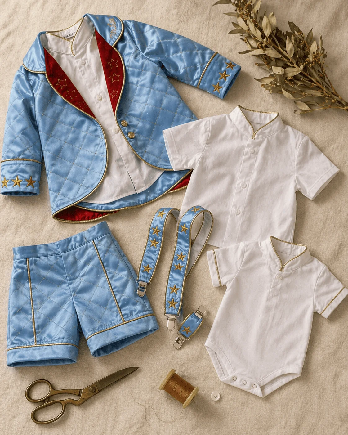 Flat-lay editorial do Conjunto Príncipe Luxo — casaco de cetim azul aberto revelando forro em tricoline 100% algodão marfim, short combinando com friso dourado, camisa branca com botões de madrepérola, suspensório decorativo, body camisa do bebê ao lado, tesoura de alfaiate e carretel de cobre como props — fundo de linho cru marfim